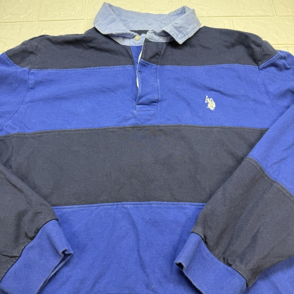 U.S. Polo Assn. Mens Long Sleeve Rugby Polo Shirt L Striped Blue Navy 1890